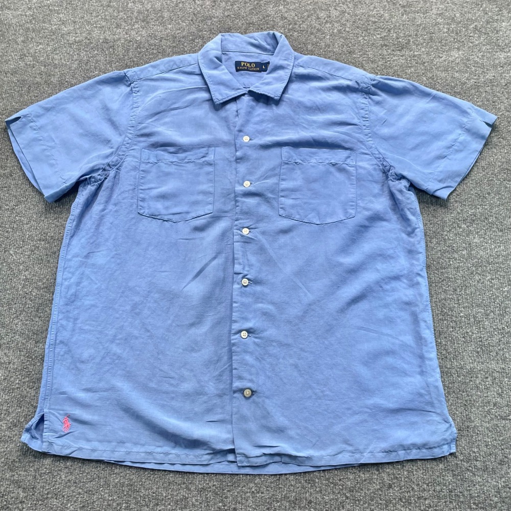 Polo Ralph Lauren Shirt Mens L Blue Linen Silk Short Sleeve Camp Collar RN 41381